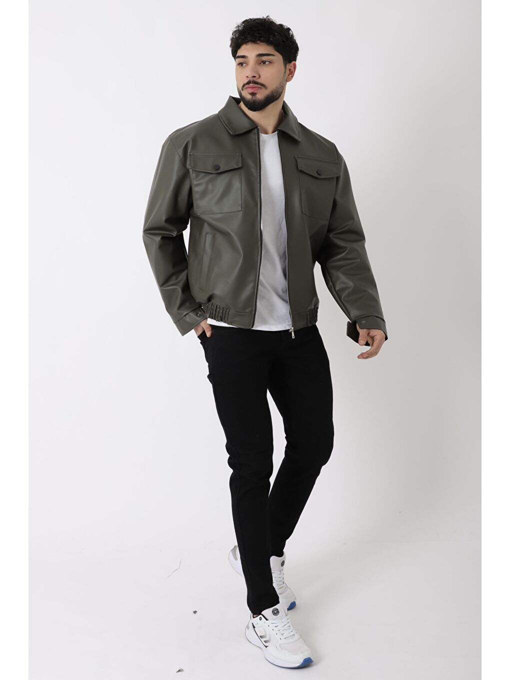 Haki Bel Lastikli Kapaklı  Suni Deri Mont PLDP 2998_50447-5