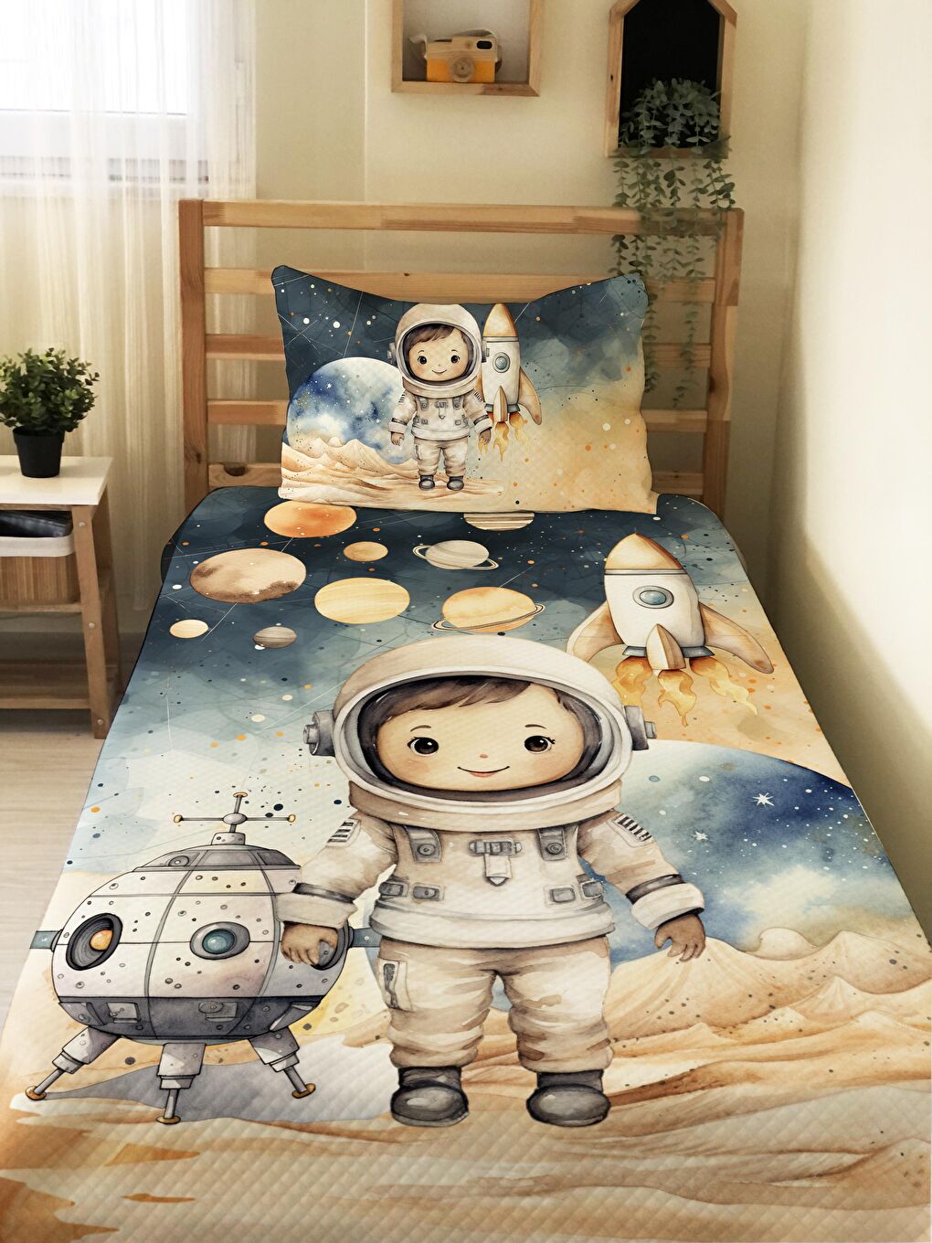 EVMİLA Karışık Astronot  Desenli Çocuk Tek Kişilik Pike Takımı 160x220 cm