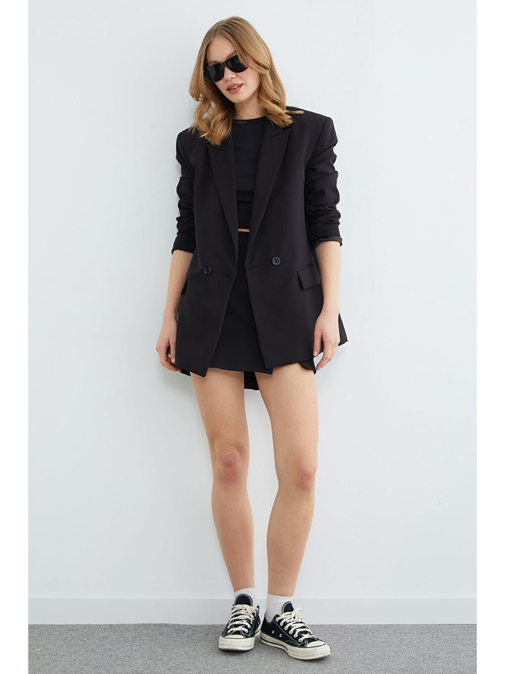 Siyah Kruvaze Kapama Oversize Blazer Ceket-3