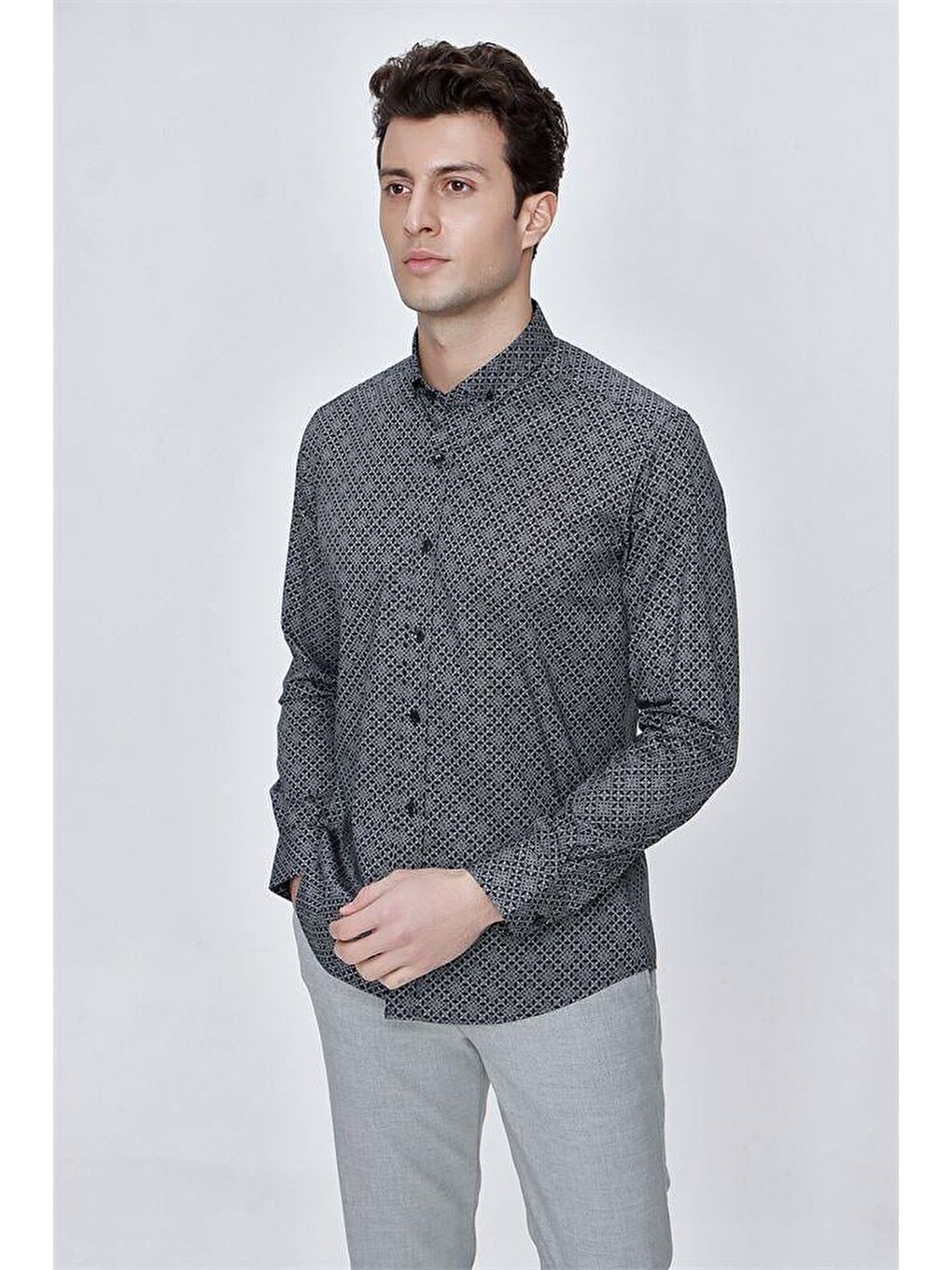 Siyah Uzun Kol Gömlek Yaka Klasik Slim Fit Pamuklu Elastanlı Gömlek 1004225209