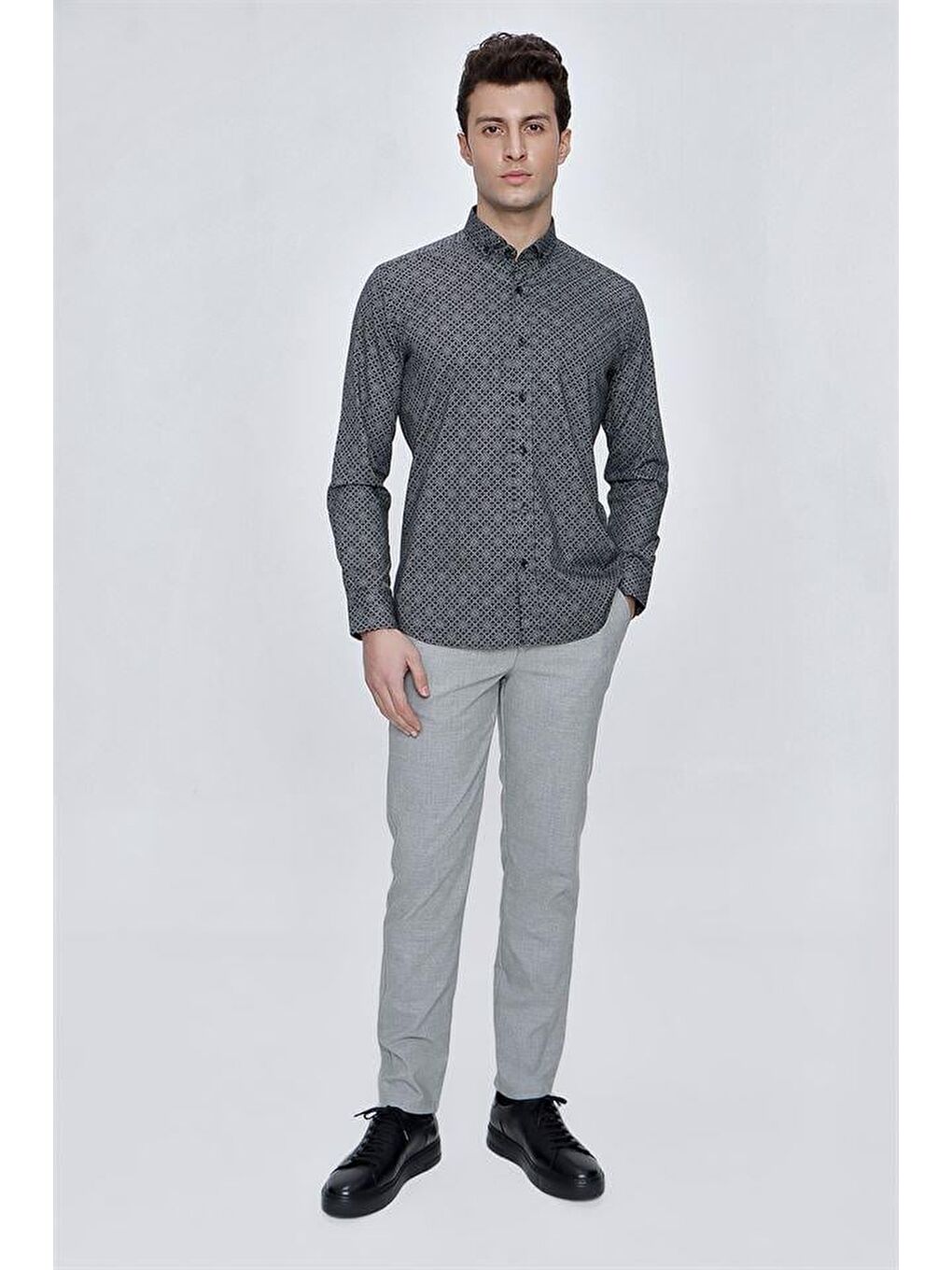 Siyah Uzun Kol Gömlek Yaka Klasik Slim Fit Pamuklu Elastanlı Gömlek 1004225209-1