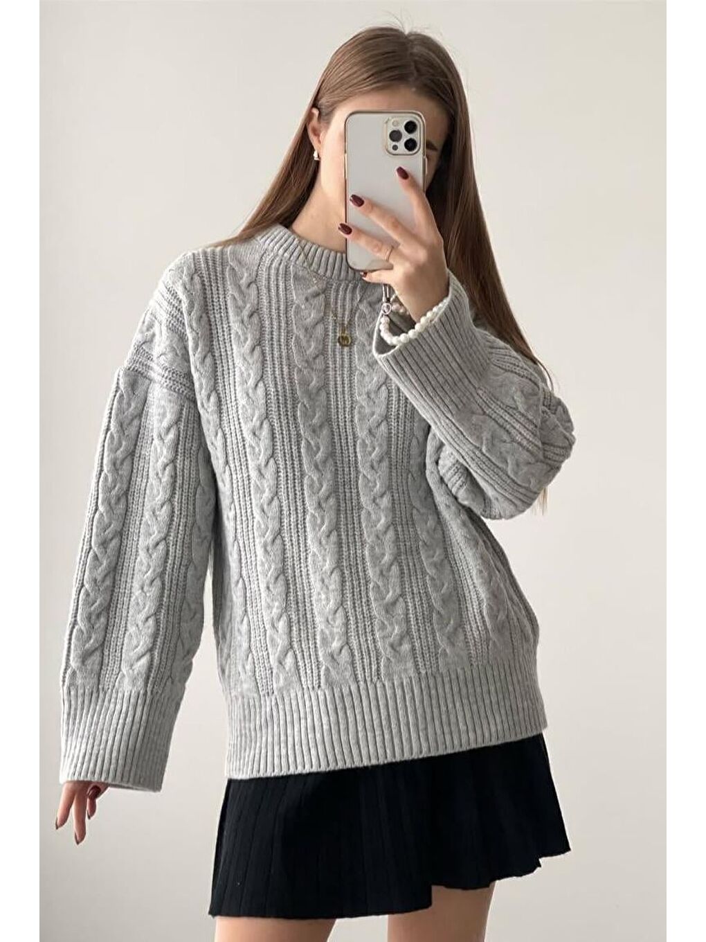 Gri Bisiklet Yaka Oversize Triko Kazak Mg2009