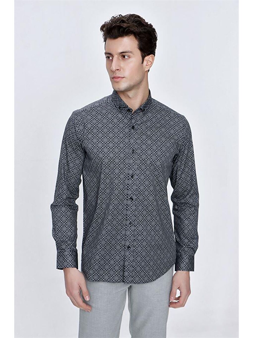 Siyah Uzun Kol Gömlek Yaka Klasik Slim Fit Pamuklu Elastanlı Gömlek 1004225209-2