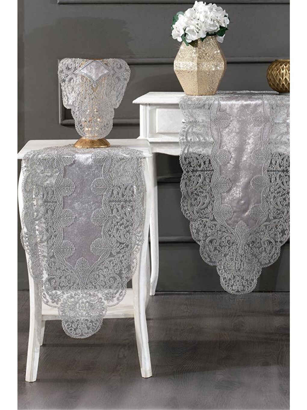 Fransız Güpürlü Kadife Sırma Salon Takımı 5 Parça Gri