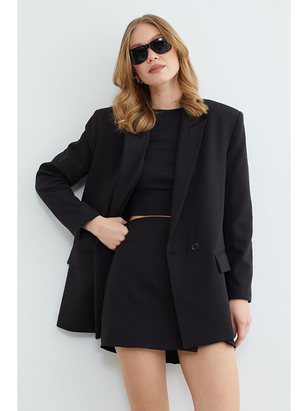 Siyah Kruvaze Kapama Oversize Blazer Ceket-4