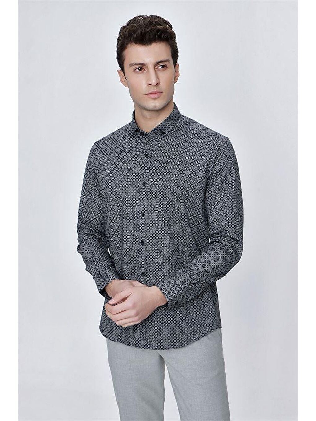 Siyah Uzun Kol Gömlek Yaka Klasik Slim Fit Pamuklu Elastanlı Gömlek 1004225209-3