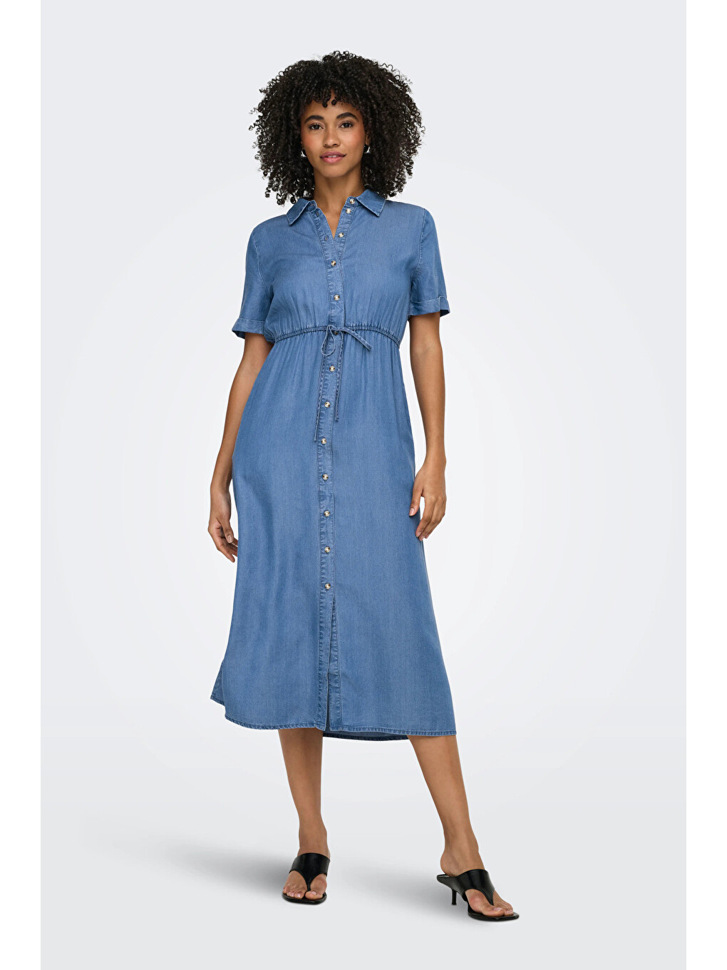Mavi Onlcharis Regular Fit Bağlama Detaylı Midi Jean Elbise 15363971-2
