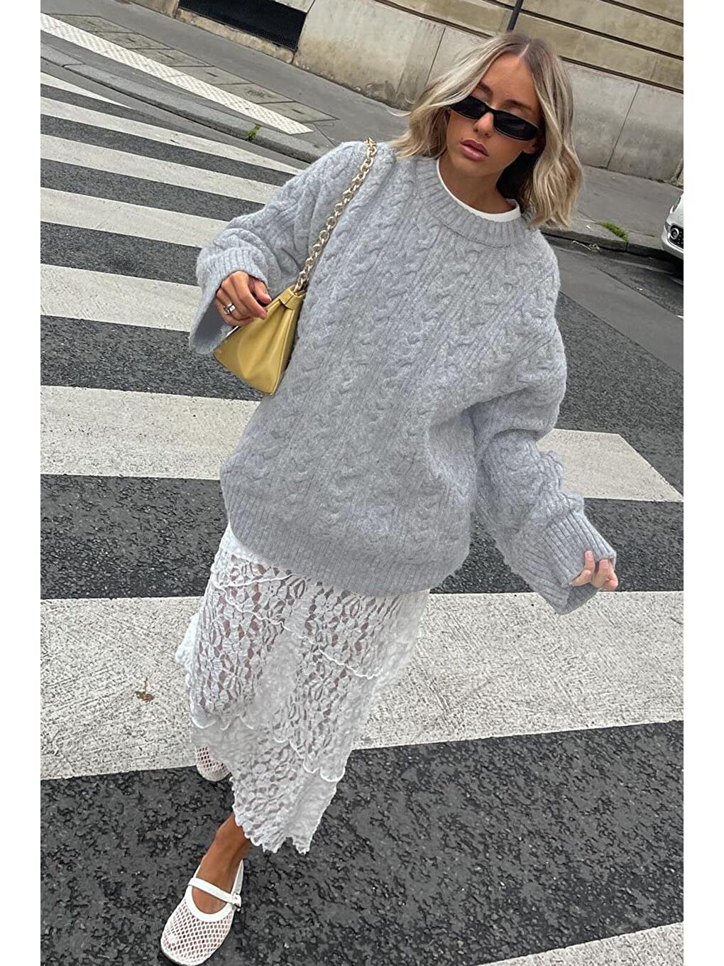 Gri Bisiklet Yaka Oversize Triko Kazak Mg2009-1