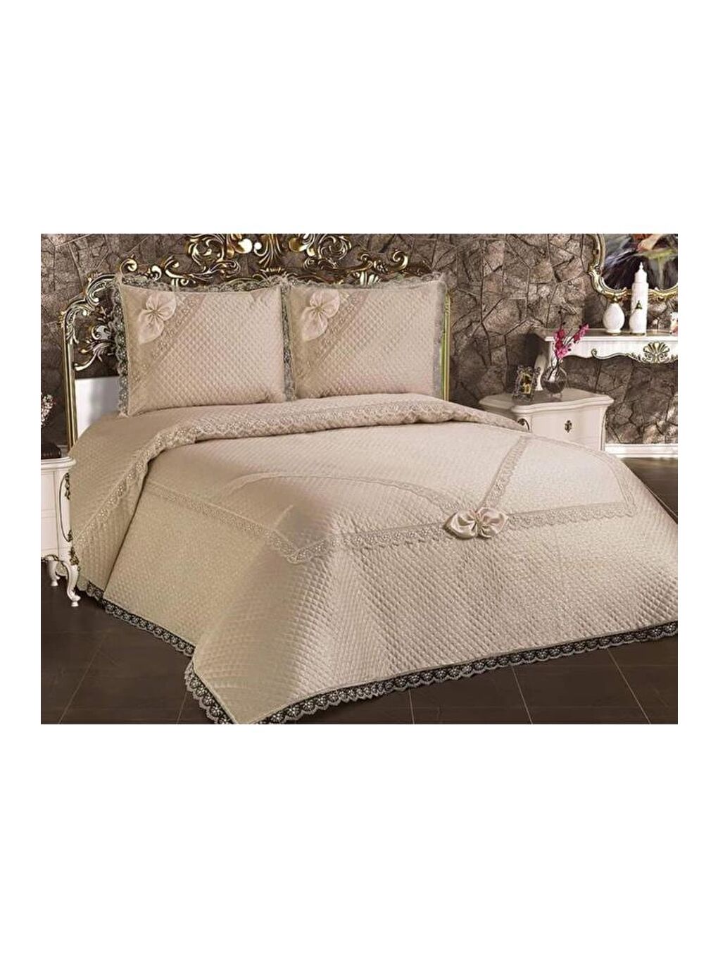 Kahverengi Gelincik Kapitoneli Fransız Güpürlü Yatak Örtüsü Cappucino-1