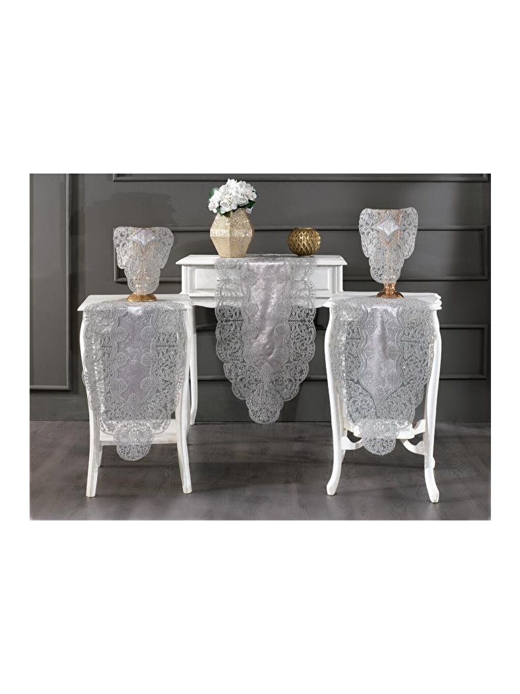 Fransız Güpürlü Kadife Sırma Salon Takımı 5 Parça Gri-1