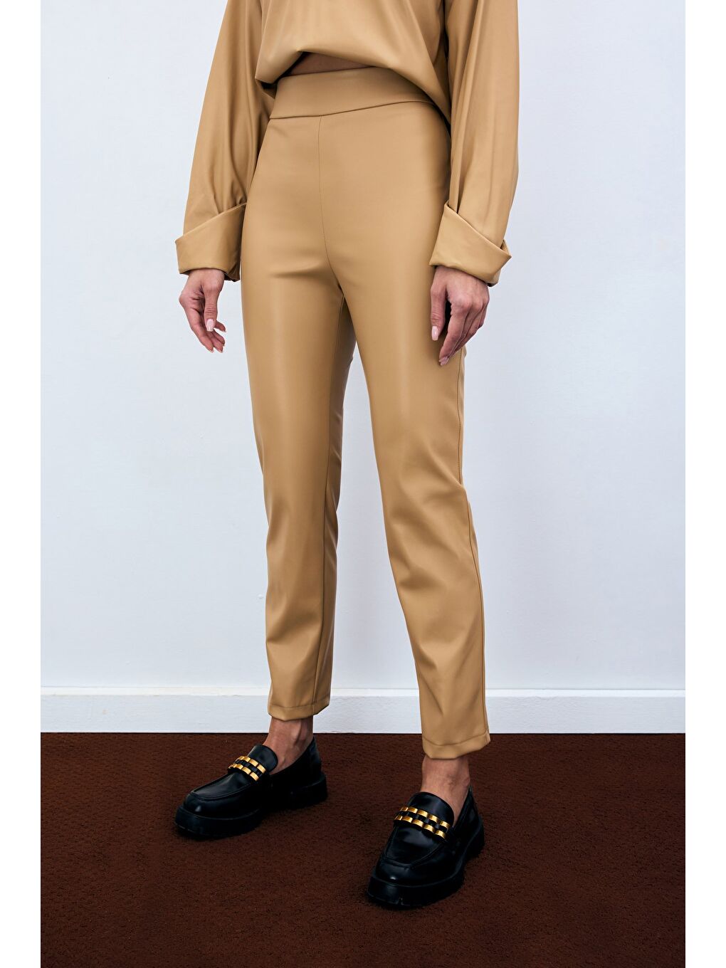 Yüksek Bel Deri Pantolon - Bej-1