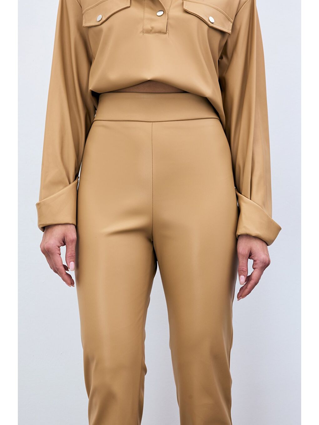 Yüksek Bel Deri Pantolon - Bej-2