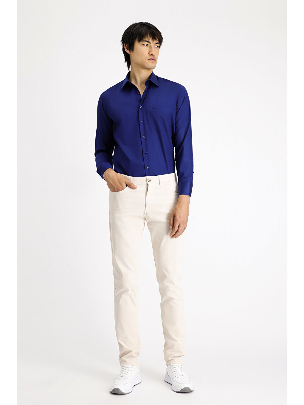 Lacivert Uzun Kol Non Iron Saten Klasik Pamuklu Gömlek-1