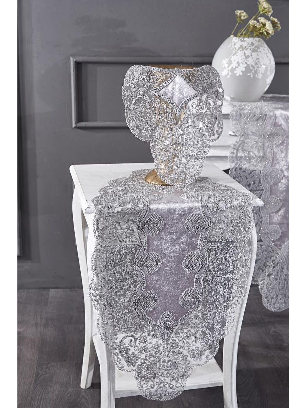 Fransız Güpürlü Kadife Sırma Salon Takımı 5 Parça Gri-2