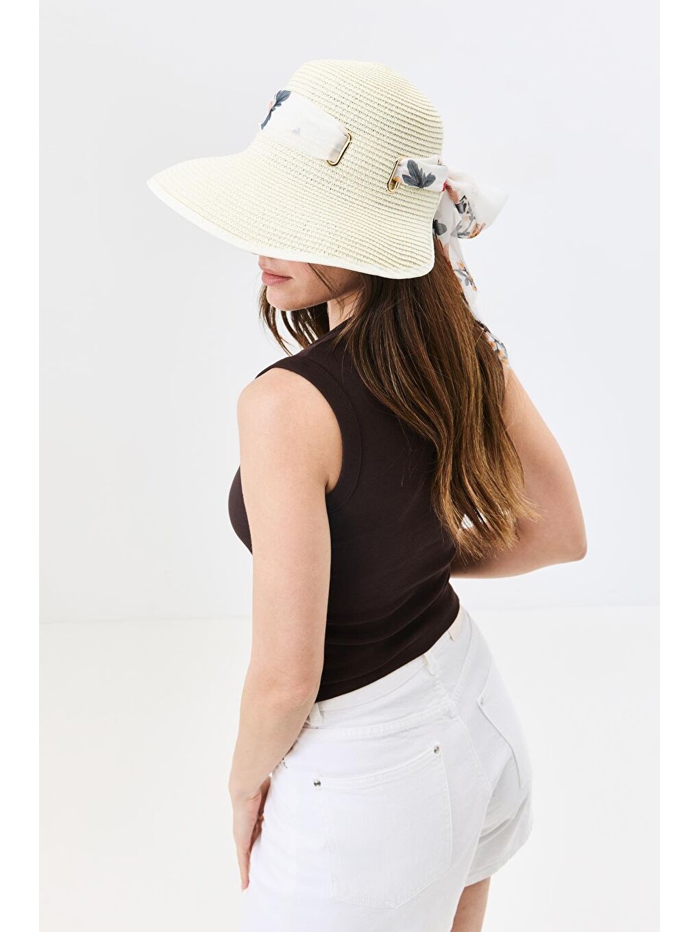 Ekru Siperli Hasır Plaj Şapkası Y25730-29 Krem-1