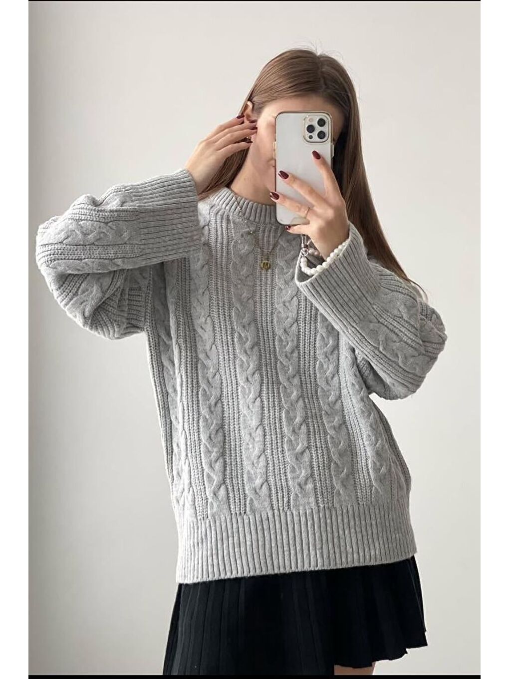 Gri Bisiklet Yaka Oversize Triko Kazak Mg2009-2