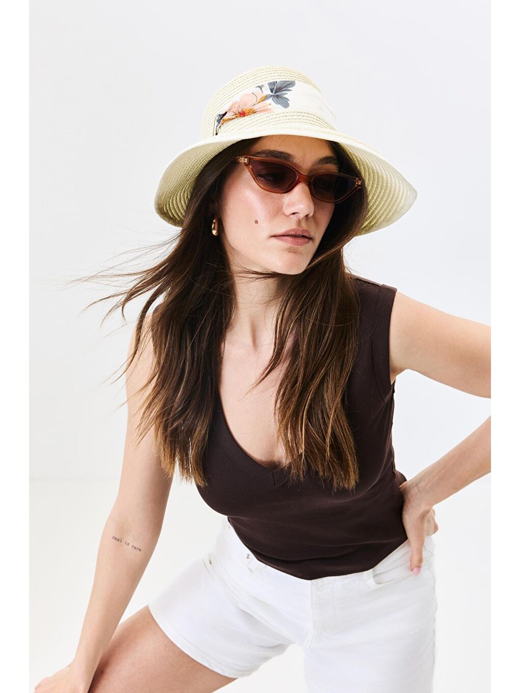 Ekru Siperli Hasır Plaj Şapkası Y25730-29 Krem-2