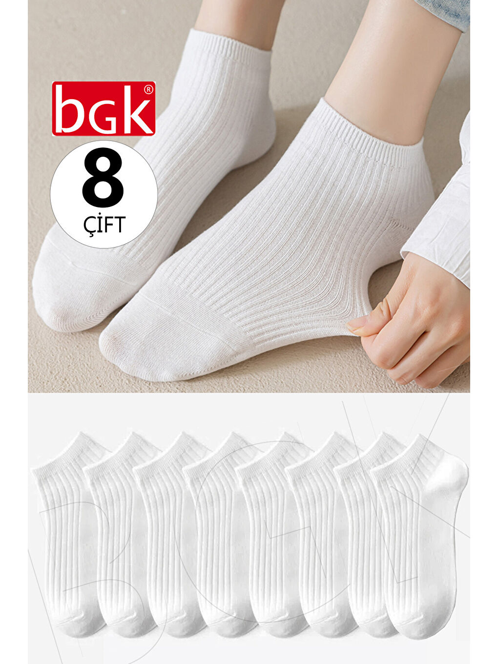 Unisex 8 Çift Pamuklu Basic Derbili Çorap (Siyah-Beyaz)