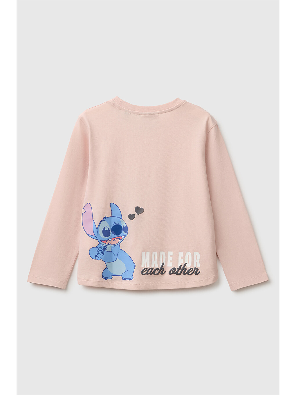 Pembe Kız Bebek Pudra Önü Lilo&stitch Baskılı Ribanalı Uzun Kollu Tişört-1