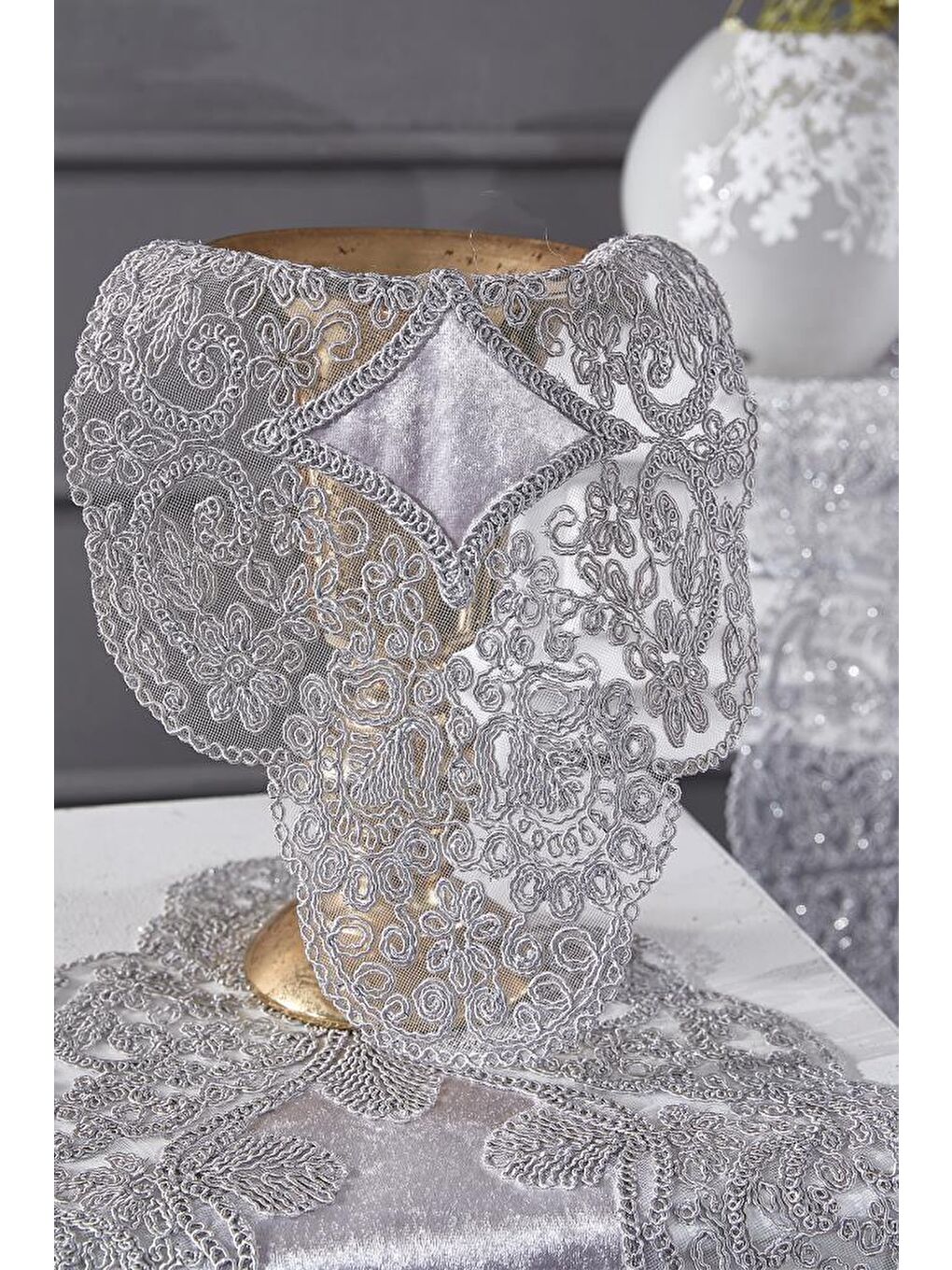 Fransız Güpürlü Kadife Sırma Salon Takımı 5 Parça Gri-3