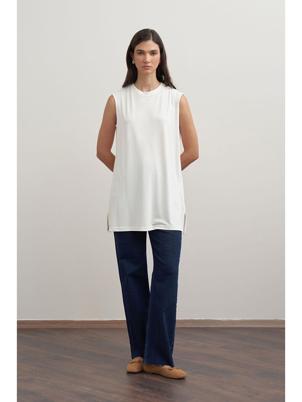Ekru-Basıc Sıfır Kol İçlik Tunik-1