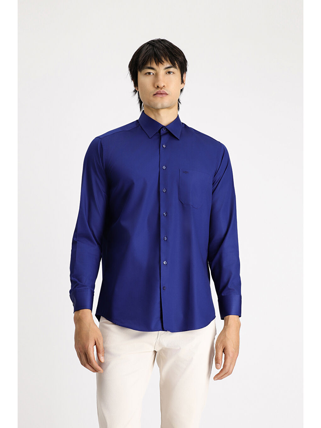 Lacivert Uzun Kol Non Iron Saten Klasik Pamuklu Gömlek-2