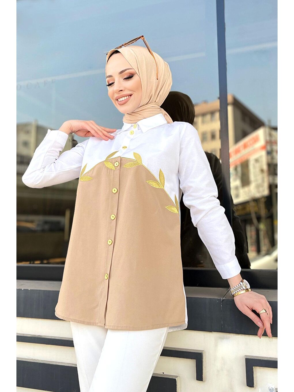 Bej Gömlek Yaka Kadın Vizon Gömlek - 11463-1