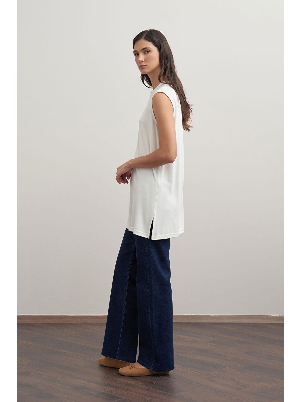 Ekru-Basıc Sıfır Kol İçlik Tunik-2