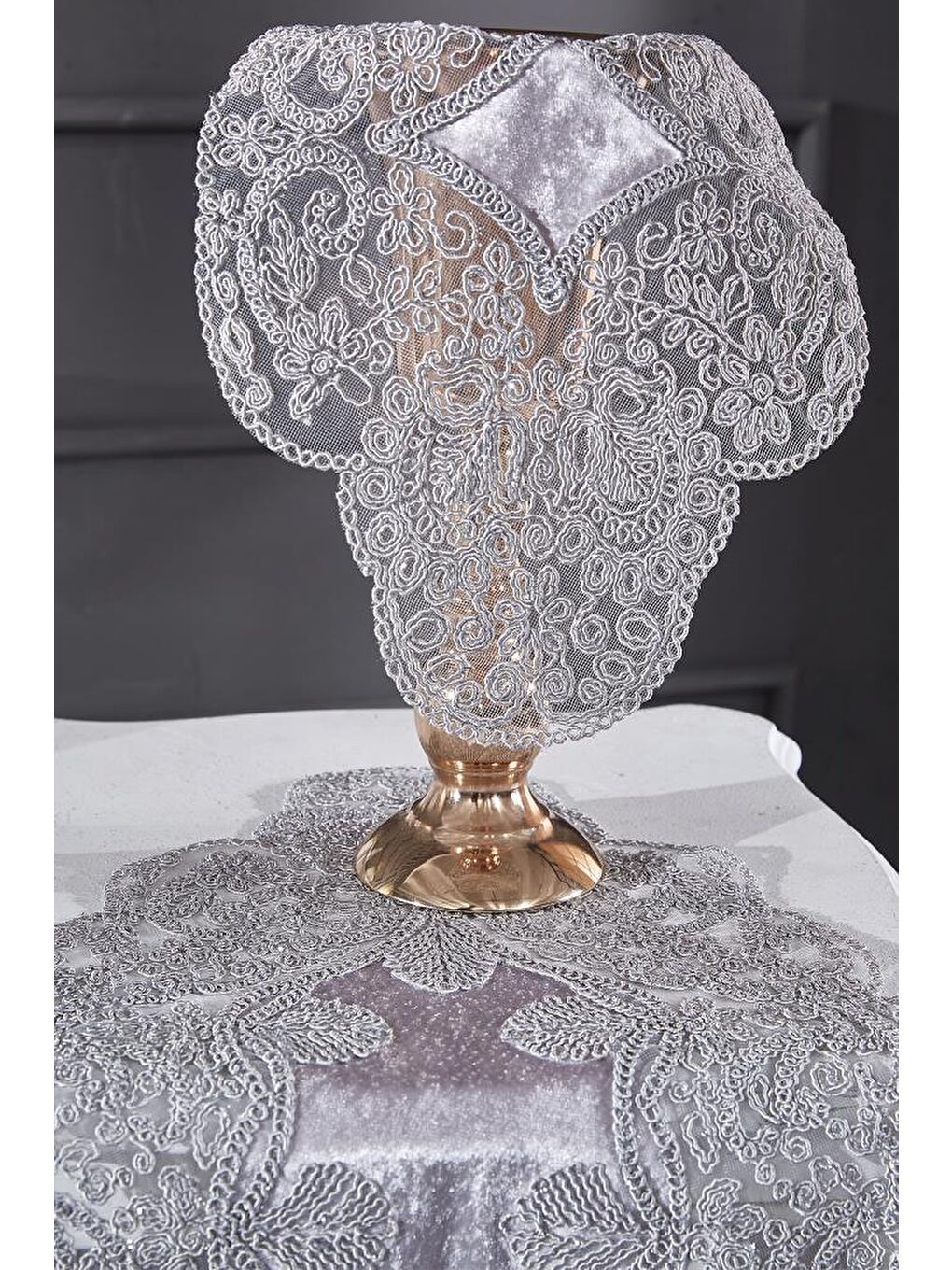 Fransız Güpürlü Kadife Sırma Salon Takımı 5 Parça Gri-4