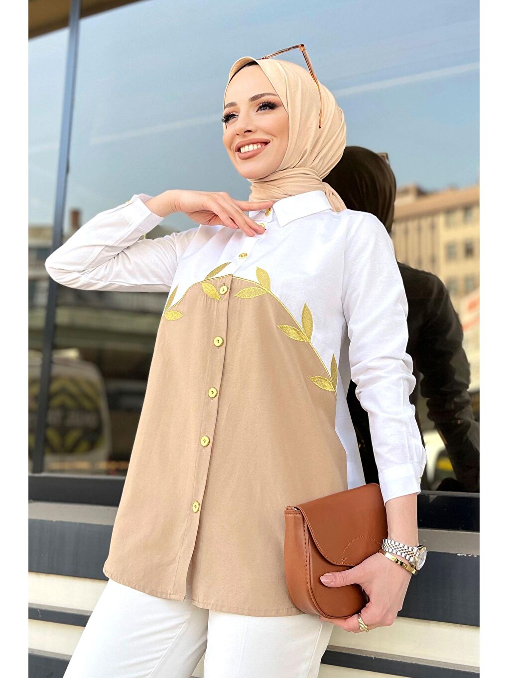 Bej Gömlek Yaka Kadın Vizon Gömlek - 11463-2