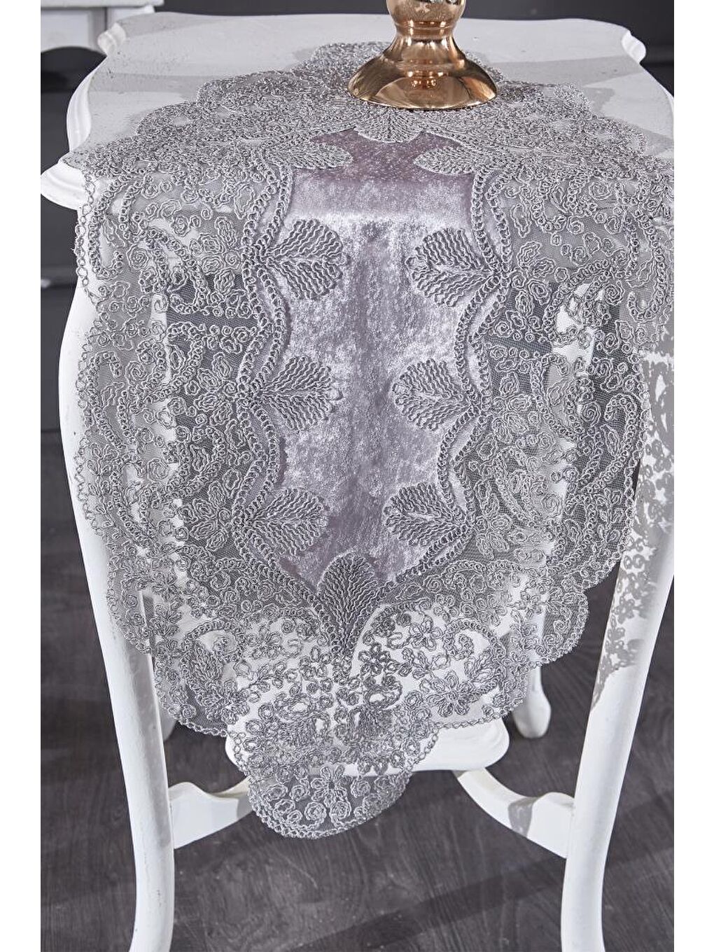 Fransız Güpürlü Kadife Sırma Salon Takımı 5 Parça Gri-5