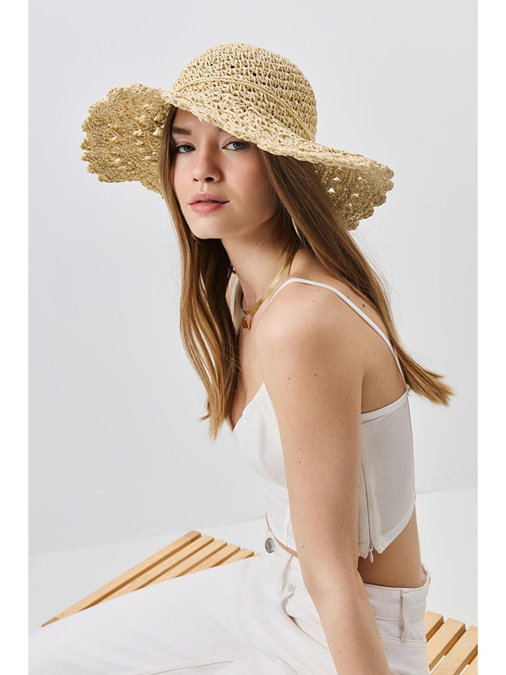 Örgü Hasır Plaj Şapkası Y25730-24 Bej-1