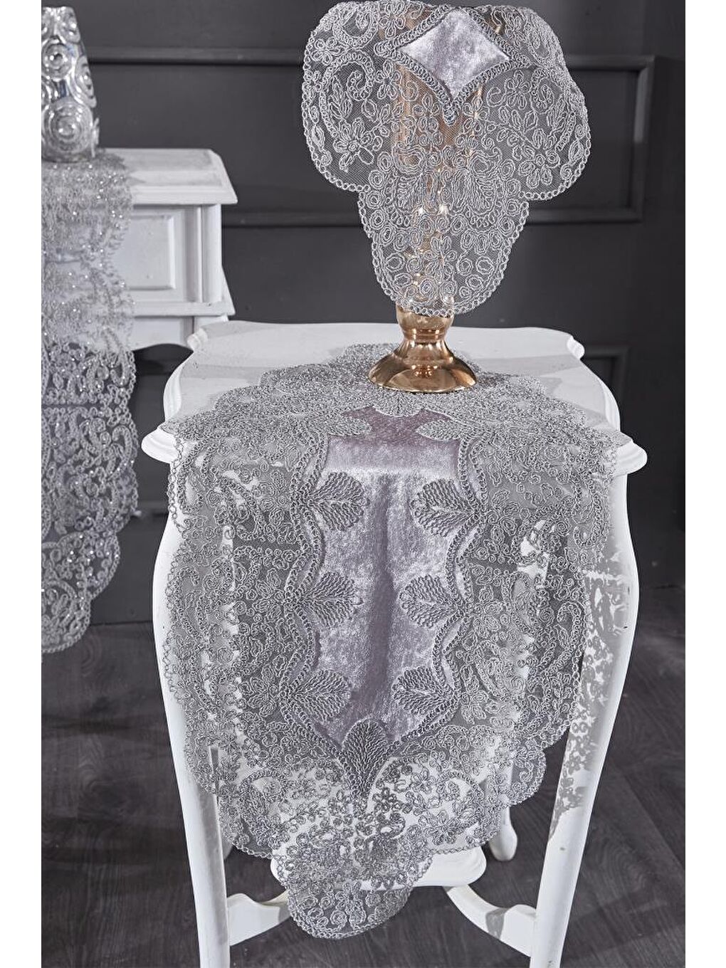 Fransız Güpürlü Kadife Sırma Salon Takımı 5 Parça Gri-6