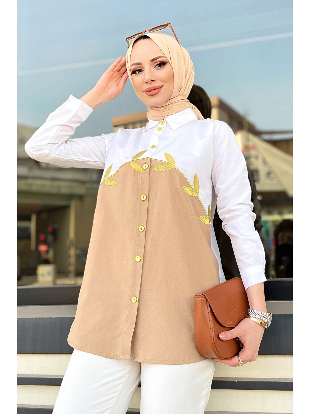 Bej Gömlek Yaka Kadın Vizon Gömlek - 11463-3