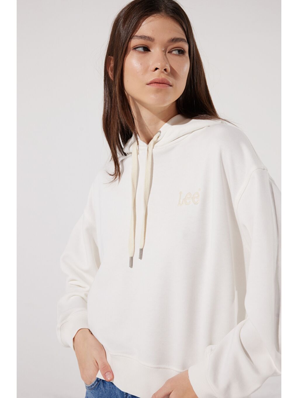 Loose Fit Rahat Kesim Kapüşonlu Yaka Ekru Sweatshirt