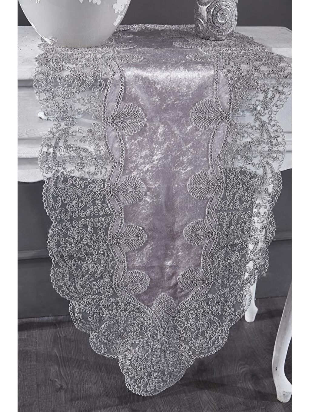 Fransız Güpürlü Kadife Sırma Salon Takımı 5 Parça Gri-7