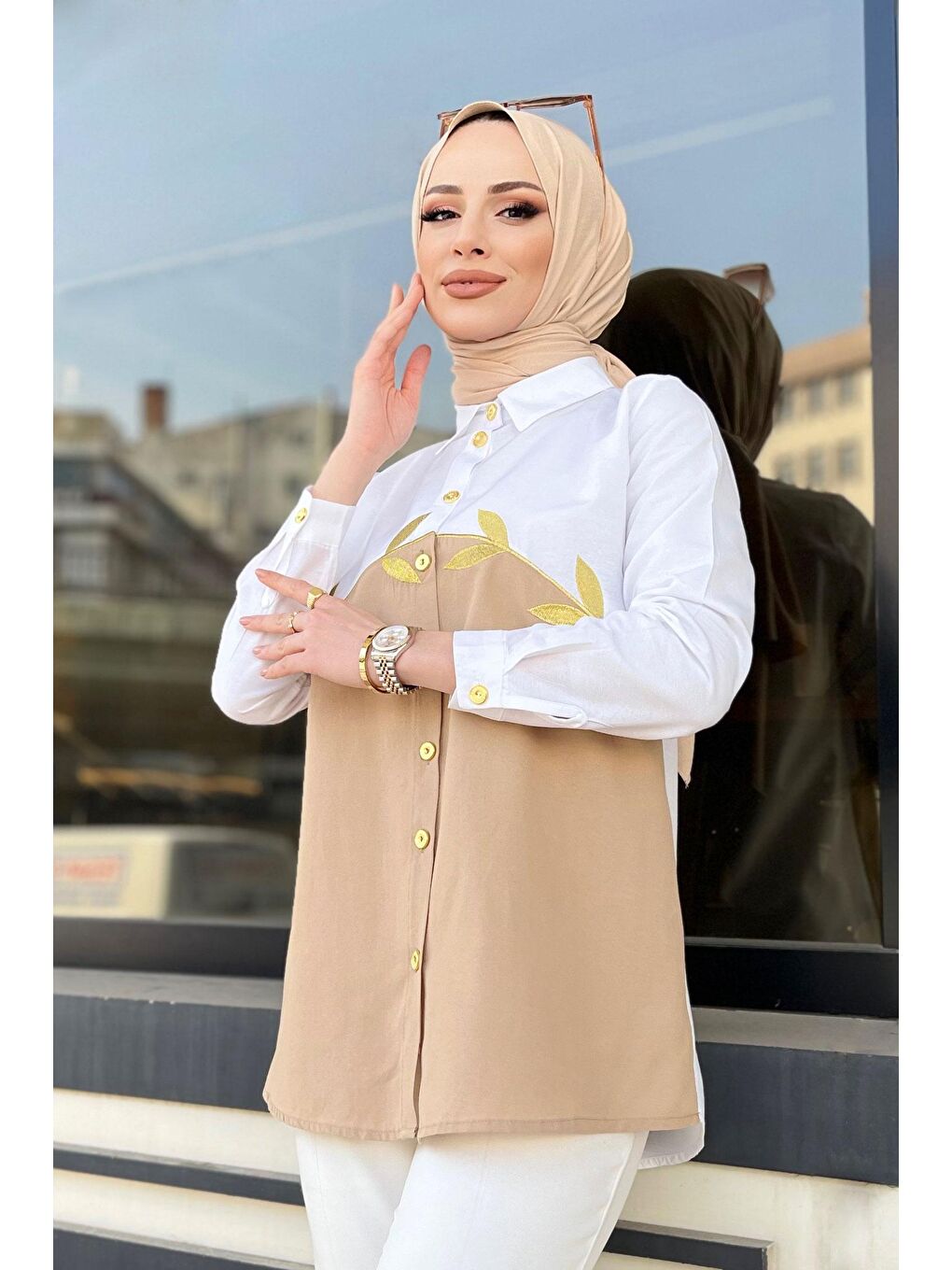 Bej Gömlek Yaka Kadın Vizon Gömlek - 11463-4