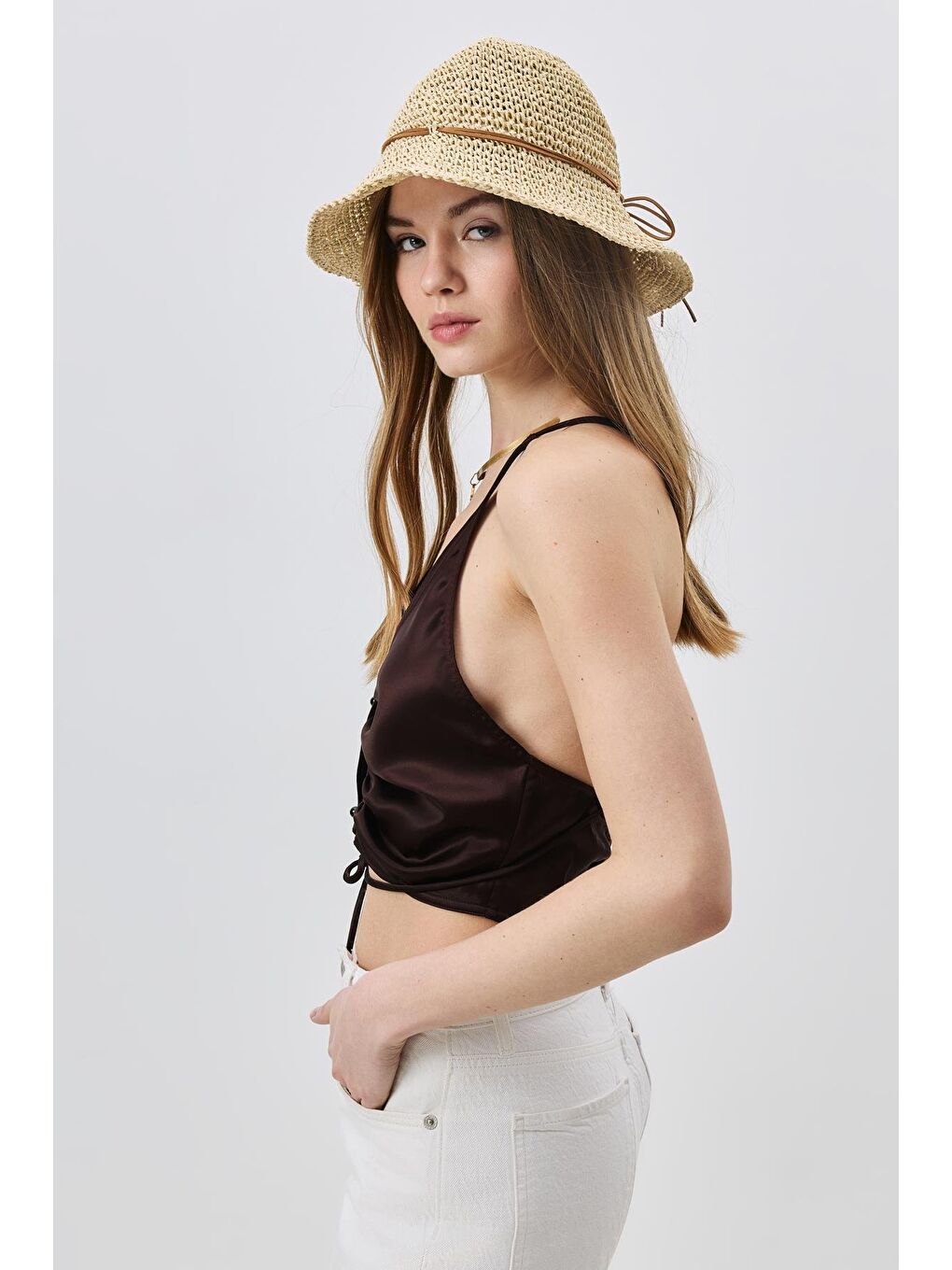 Örgü Hasır Plaj Şapkası Y25730-23 Bej-1