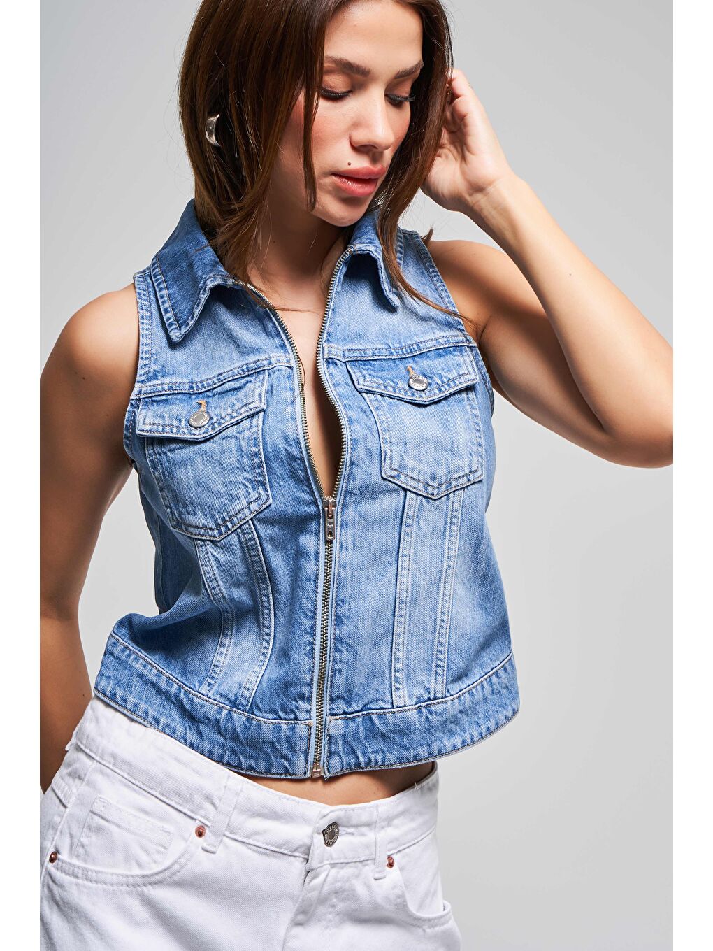 Kadın Mavi Renk 2s5-27 Sıfır Kol Fermuarlı %100 Pamuk Denim Yelek