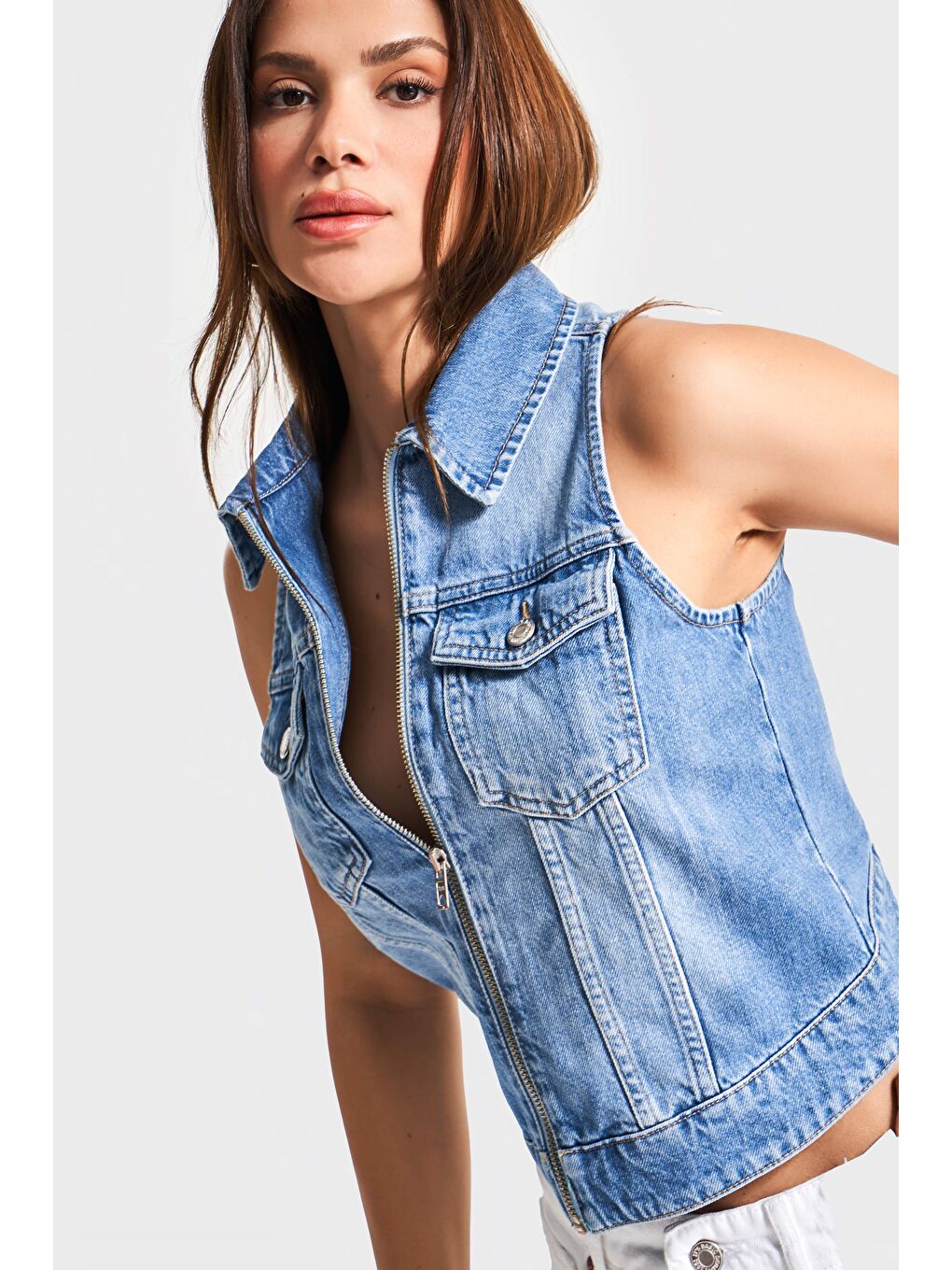Kadın Mavi Renk 2s5-27 Sıfır Kol Fermuarlı %100 Pamuk Denim Yelek-1