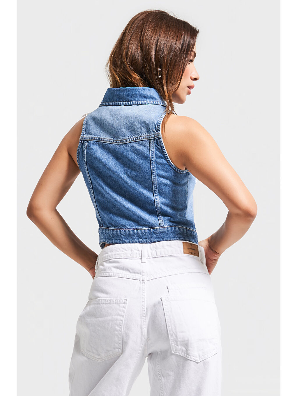 Kadın Mavi Renk 2s5-27 Sıfır Kol Fermuarlı %100 Pamuk Denim Yelek-2