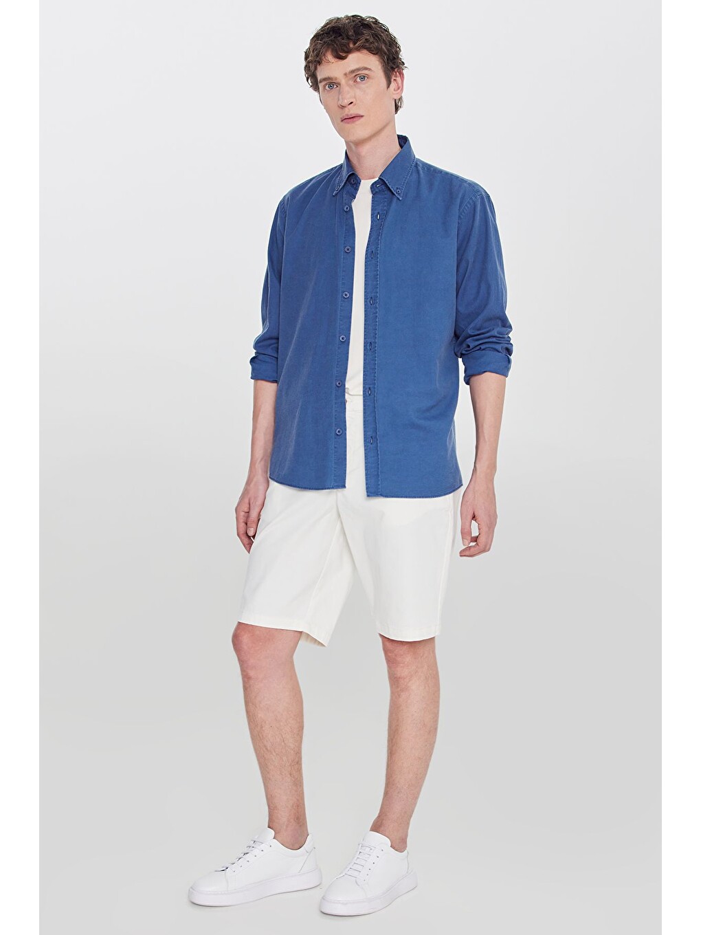 Erkek Beyaz Pamuklu Slim Fit Dar Kesim Yan Cepli Esnek Şort-2