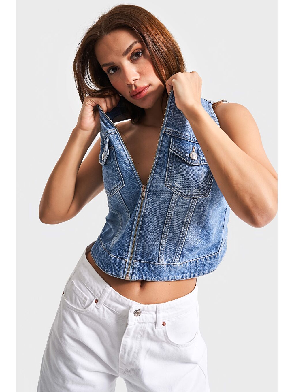 Kadın Mavi Renk 2s5-27 Sıfır Kol Fermuarlı %100 Pamuk Denim Yelek-4