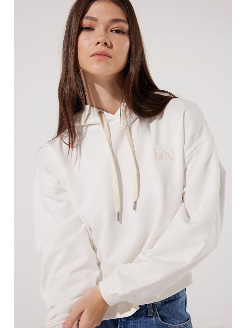 Loose Fit Rahat Kesim Kapüşonlu Yaka Ekru Sweatshirt-1