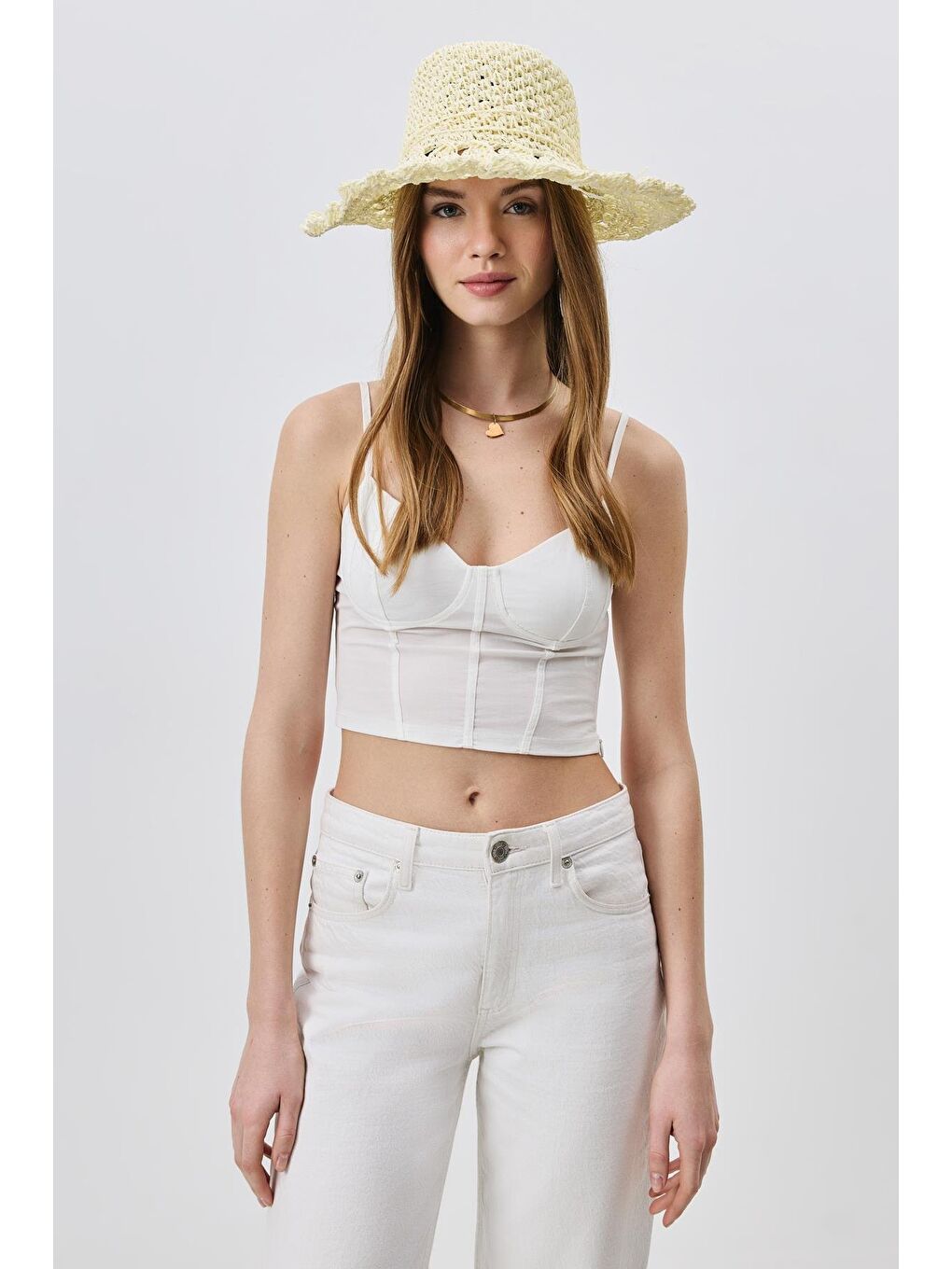 Ekru Örgü Hasır Plaj Şapkası Y25730-24 Krem