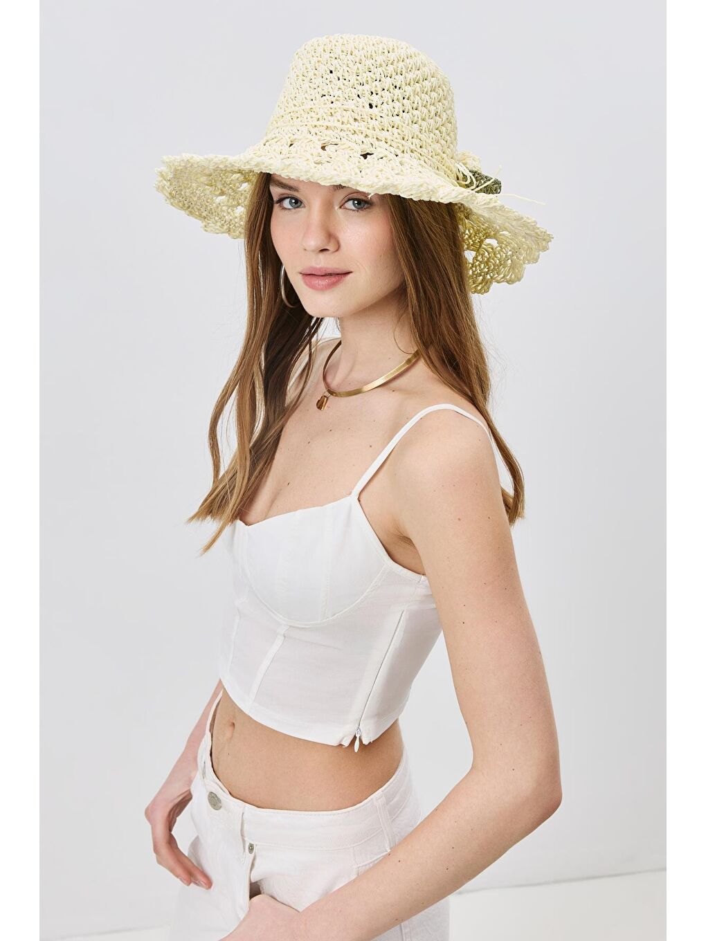 Ekru Örgü Hasır Plaj Şapkası Y25730-24 Krem-1