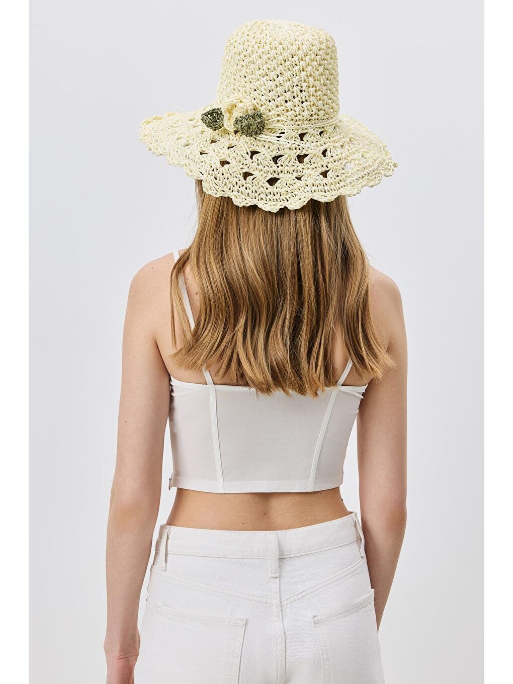 Ekru Örgü Hasır Plaj Şapkası Y25730-24 Krem-2