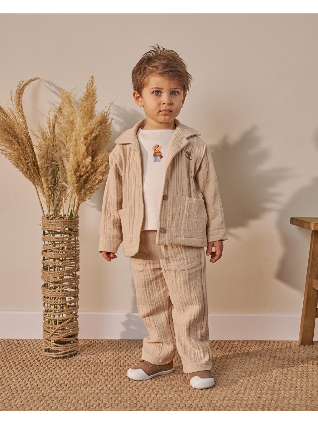 Erkek Çocuk Pamuklu Bej Müslin Ceketli T-Shirtli Pantolon Takım-3
