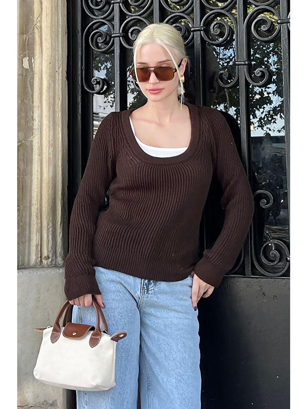 Kahverengi Bisiklet Yaka Basic Örme Kazak Mg2189-3