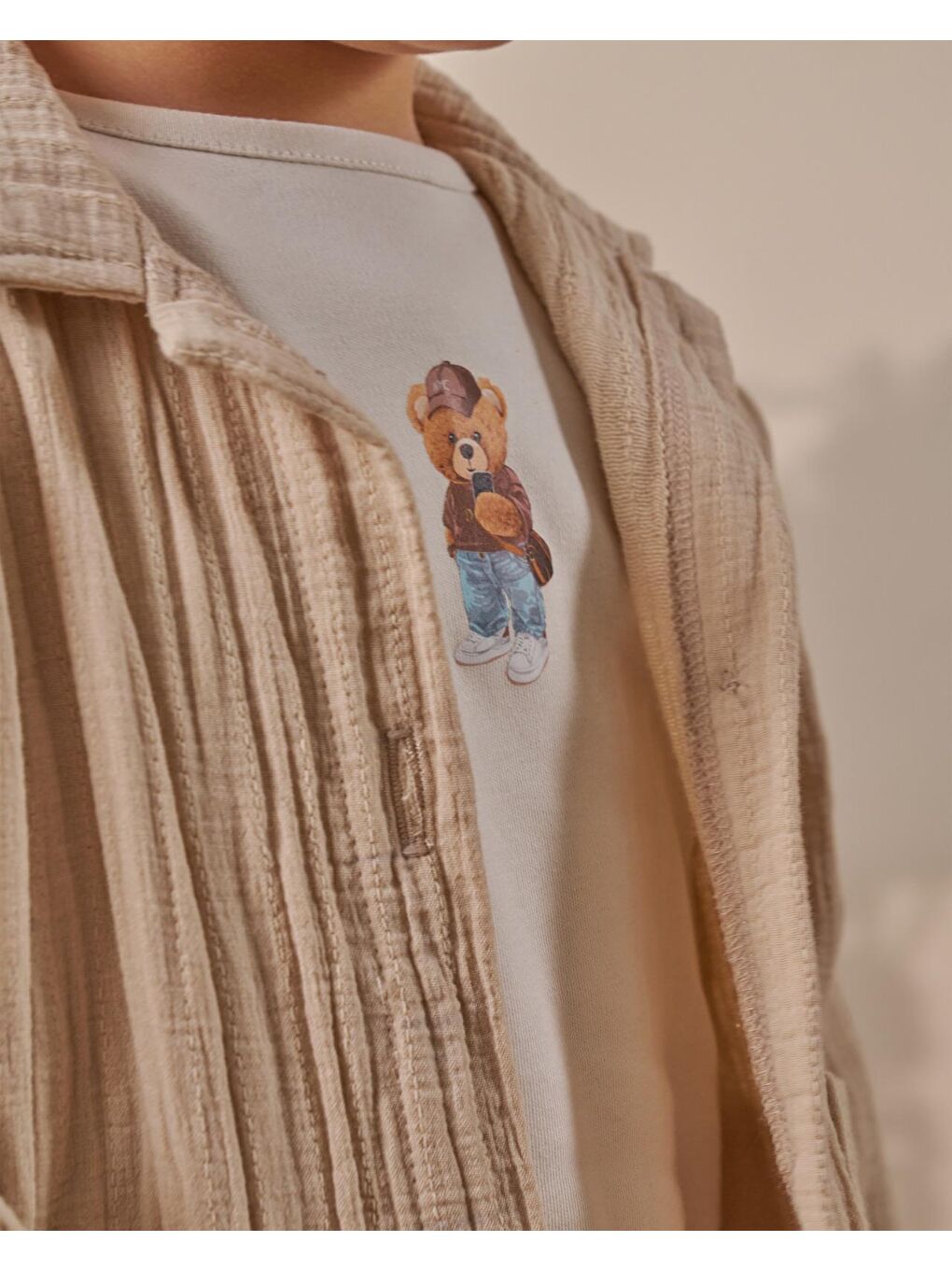 Erkek Çocuk Pamuklu Bej Müslin Ceketli T-Shirtli Pantolon Takım-4